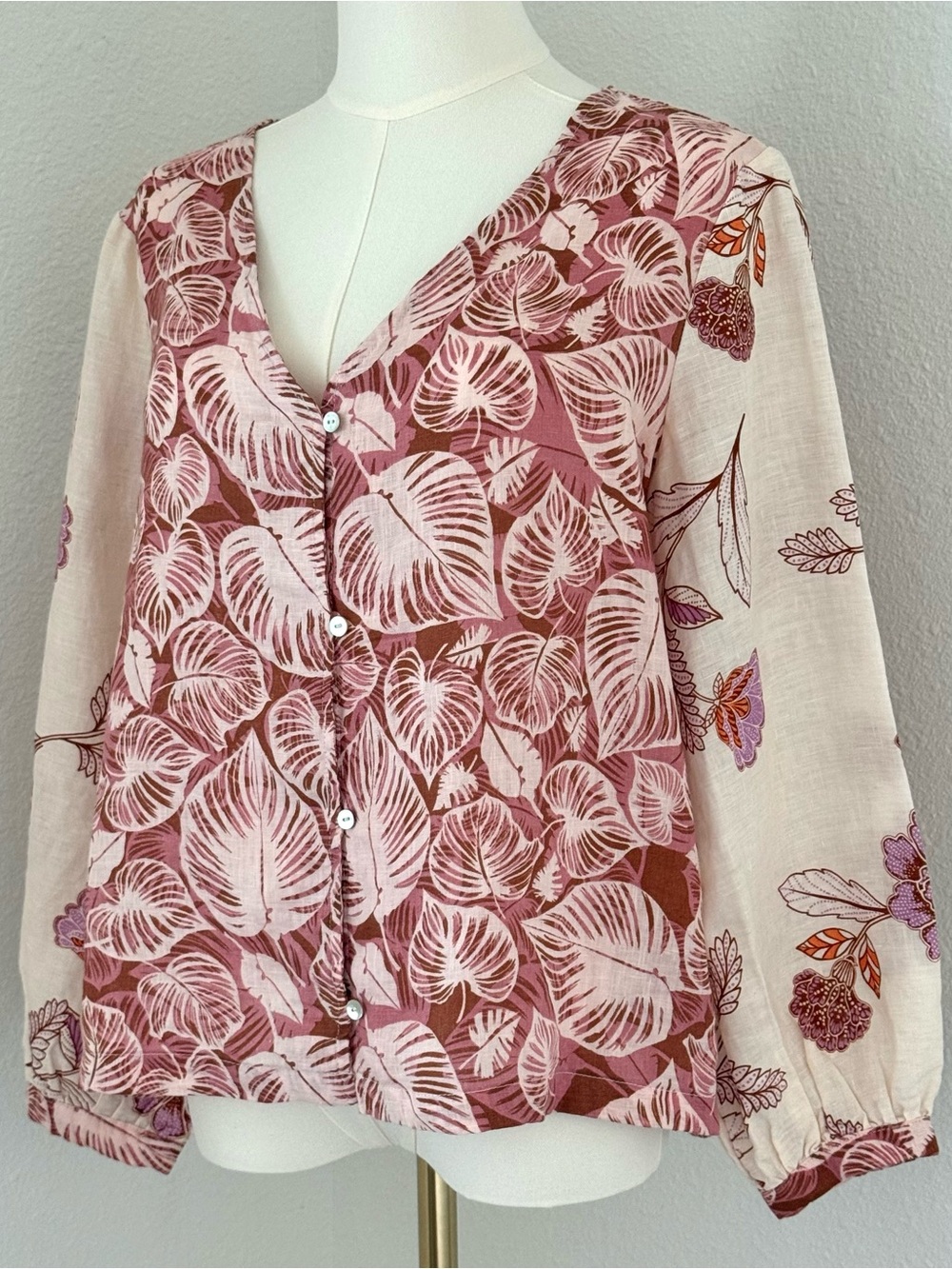 Tahari 100% Linen Botanical Floral Cream Pink Coastal Grandma Top Womens XS